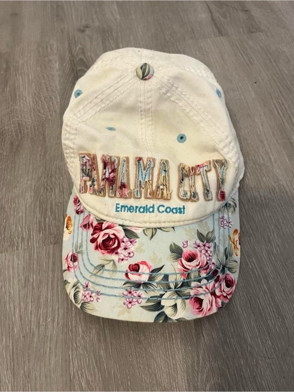 Embroidered Floral Baseball Cap - Cream with Pink Roses
